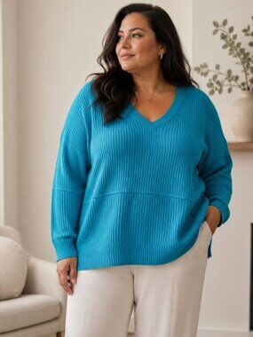 Torrid Ribbed Teal V-Neck Sweater Size 3 Plus Casual Minimalist Top Cozy Chic